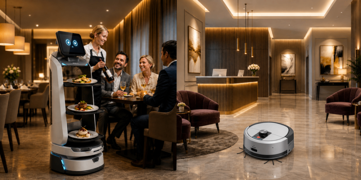 Serviceroboter im Restaurant und Reinigungsroboter in der Hotellobby